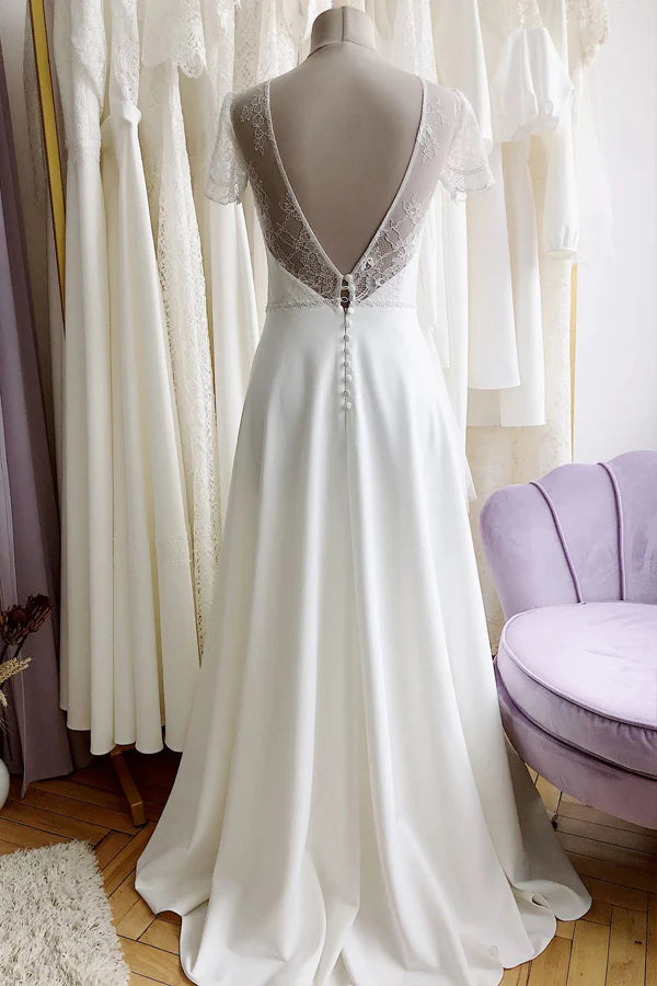 Simple Romantic A-line Modest Wedding Dress Beach Wedding Dress